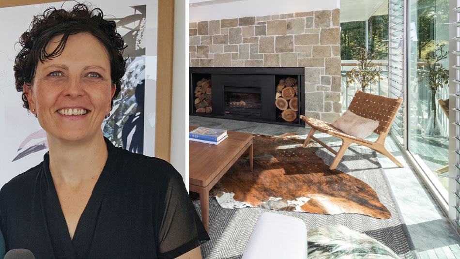 Jennifer smiling wearing a black v-neck shirt overlapping a living room with a fireplace